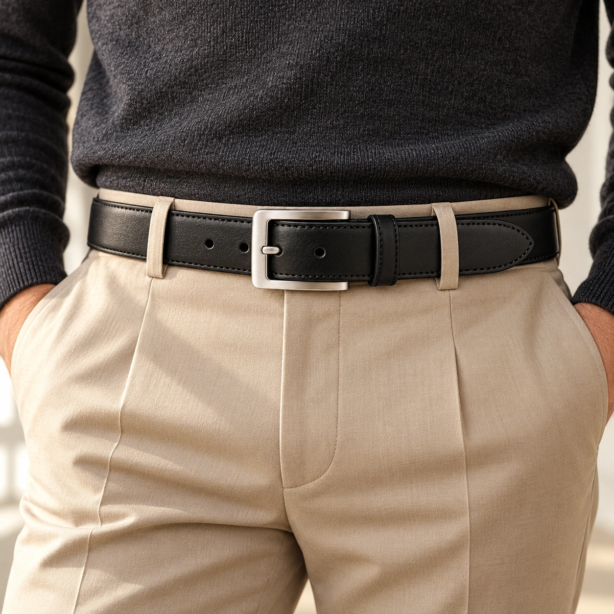 Leather belt worn with tailored trousers