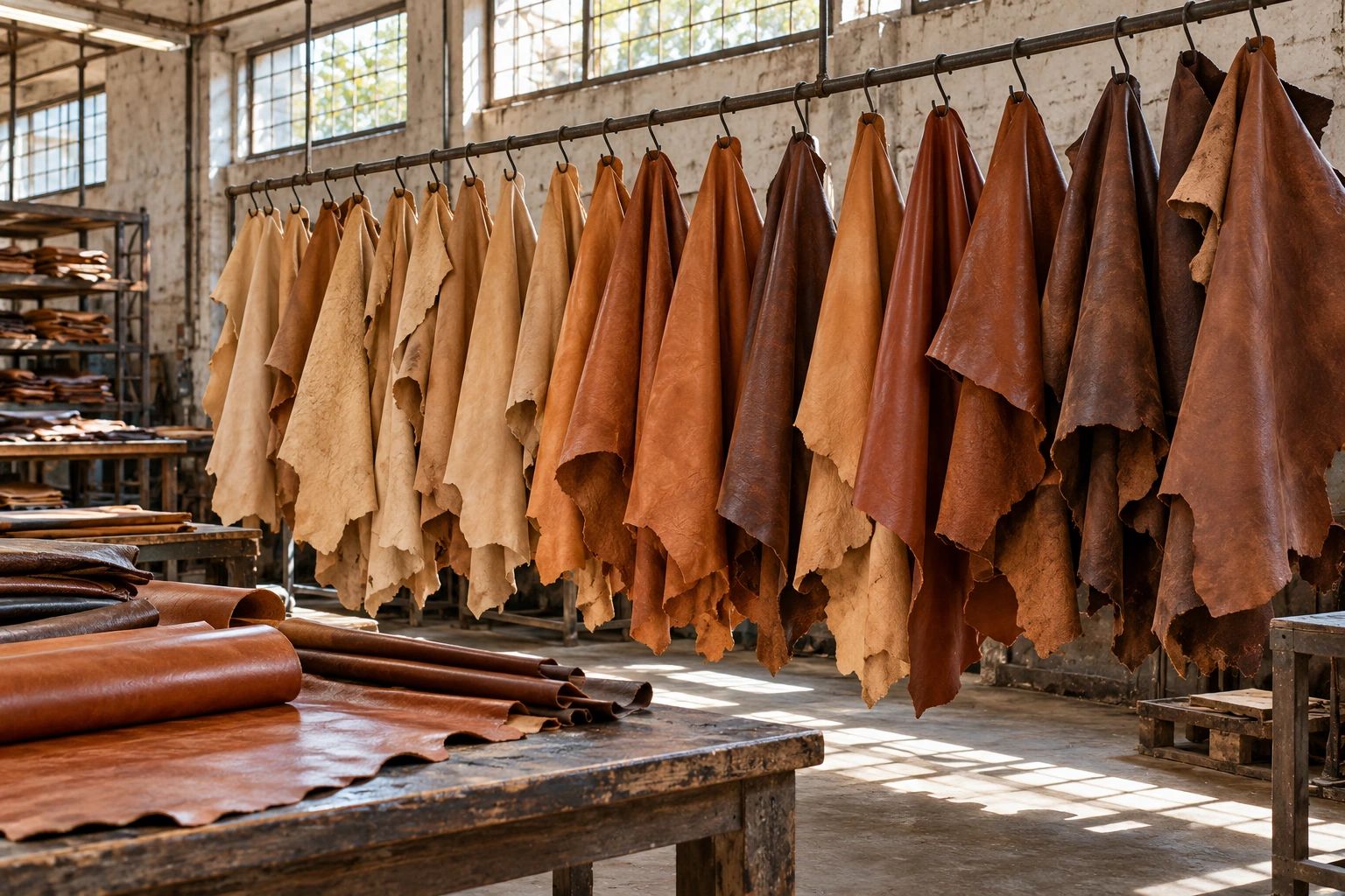 Illustrative leather hides in a workshop