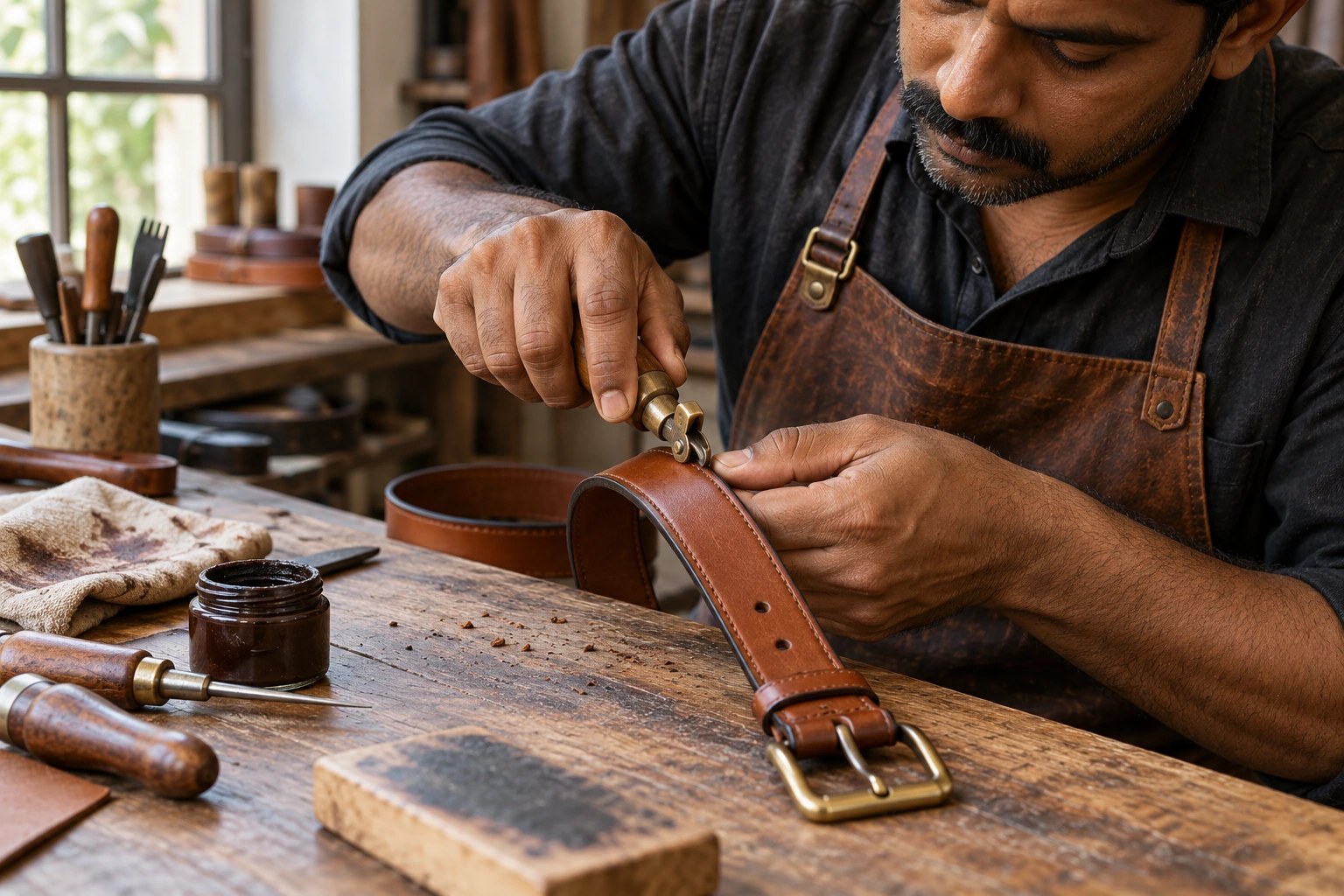 Illustrative leather work at a craft bench